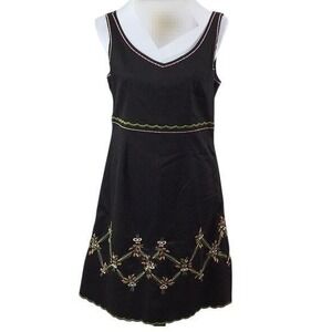 VINTAGE 14 Nikki Valenti black fit flare dress floral‎ embroidery lined